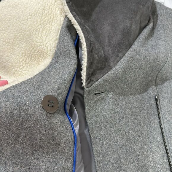 DKNY Wool Blend Asymmetrical Fleece Trimmed Coat In Gray Size 2 - Picture 13 of 13